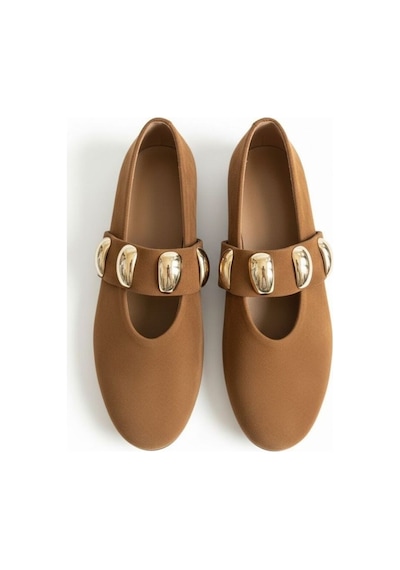 Ne&ve Shoes Taba Süet Hakiki Deri Gold Aksesuar Detaylı Lastikli Kadın Şık Ve Rahat Babet