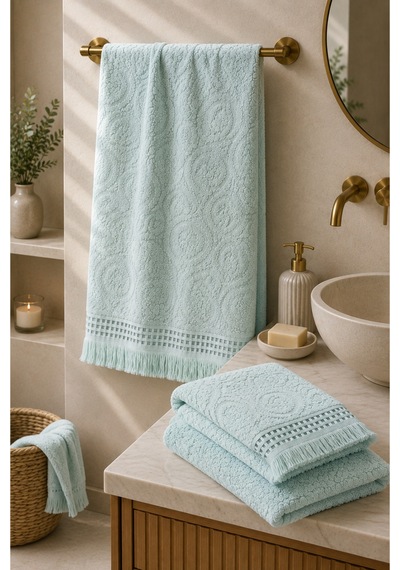 Paisley Desenli Saçaklı 2 Li Baş Ve Banyo Havlusu Seti 50x90 + 90x150 Cm - Buz Mavisi