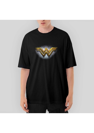 Wonder Woman Gold Logo Oversize Siyah Tişört Siyah