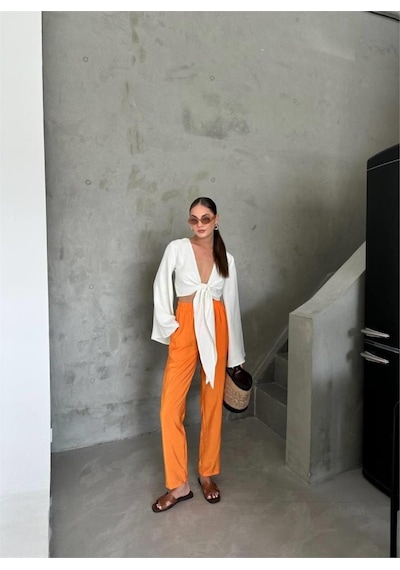 İkales Bel Lastik Detaylı Modal Kumaş Pantolon - Orange