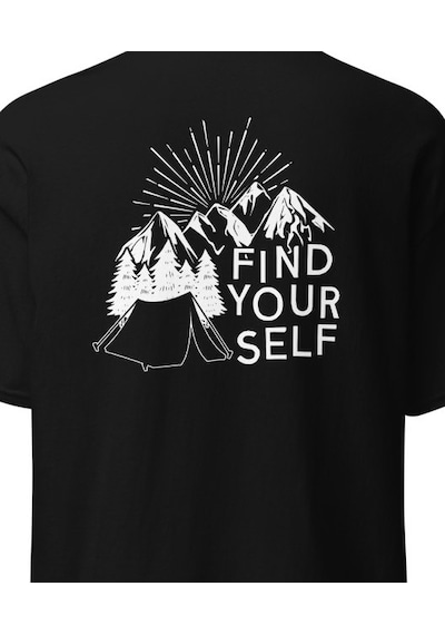 Wildstyle Find Yourself Kendini Keşfet Dağ Kamp Doğa Baskılı Unisex Pamuklu Tişört Siyah