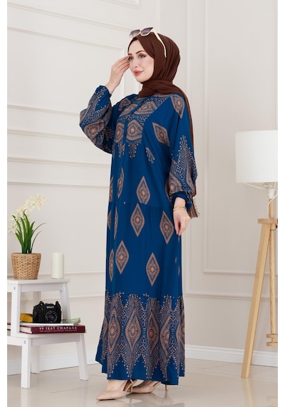 Sevitli Yarım Düğmeli Robalı Hira Elbise-indigo-4939 İndigo
