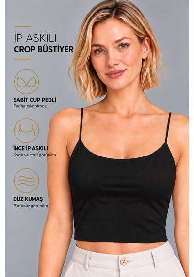 Mrm Pro Göğüs Pedli Kadın Siyah İp Askılı Crop Atlet Esnek Fit Crop Top Büstiyer Siyah Siyah