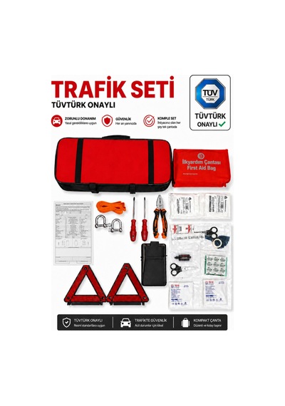 Yönetmeliğe Uygun Araç Trafik Seti - 2 Adet Metal Ayaklı Reflektör+3 Metre Çeki Halatı+ilk Yardım Seti