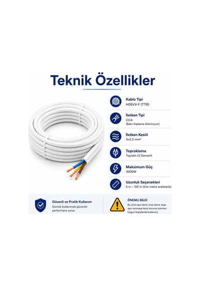Tr 3x2,5 Mm Cca Ttr Beyaz Renk Kauçuk Topraklı Seyyar Elektrik Kablosu 10 Metre