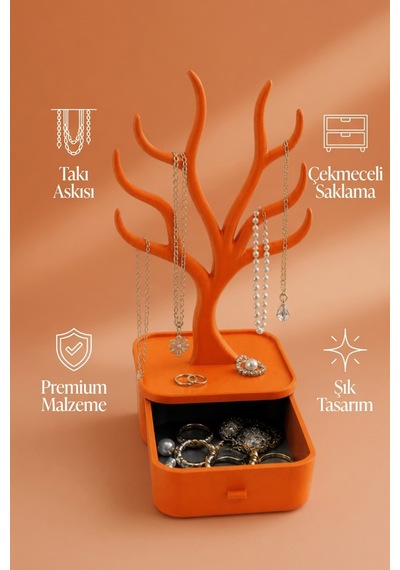 Ağaç Tasarımlı Çekmeceli Takı Organizer Kolye Askılığı Yüzük Küpe Bileklik Saklama Kutusu Turuncu