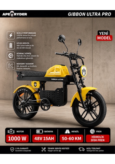 Ape Ryder Gibbon Ultra Pro 1000w Elektrikli Bisiklet Sarı Ayna ve El gazı Hediyeli