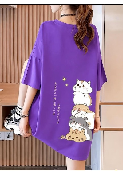 Harajuku Japon Yazılı Kedi Tasarımlı Unisex Oversize T-shirt Mor