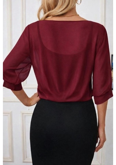 Defymoda Kadın Fakir Kollu Önden Bağlamalı Kısa Şifon Bolero Ceket Bordo