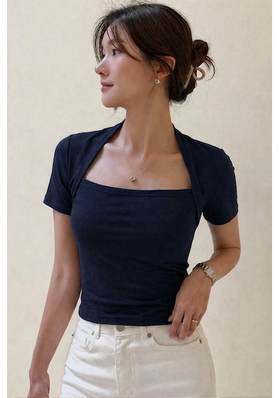 Kadın Haki Kuğu Yaka Slim Kısa Kollu Fit Crop Bluz Lacivert