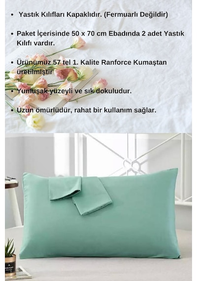 Mint Renkli Pamuklu Ranforce Kumaştan Yastık Kılıfı 2 Adet