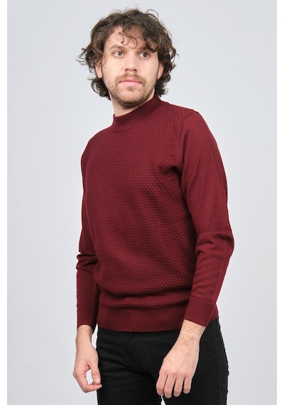Desen Triko Erkek Yarım Balıkçı Desenli Yün Kazak 0249619 Bordo Bordo