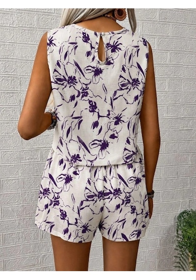 DefyModa Kadın Kolsuz Yuvarlak Yakalı Desenli Bluz Ve Şort Ikili Takım Mor