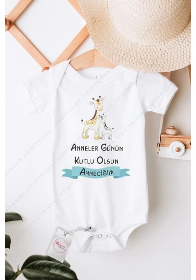 Hediyenza Anneler Günün Kutlu Olsun Anneciğim Mavi Erkek Özel Tasarım Bebek Zıbın Pamuklu Çıtçıtlı Body Beyaz