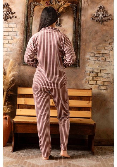 Lukitus Kadife Gömlek Yaka Kadın Pijama Takımı Pembe
