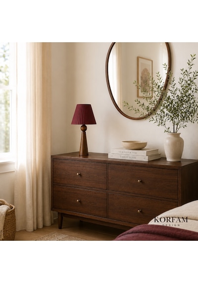 Bordo Keten Kumaş Başlıklı Ahşap Abajur Çok Renkli