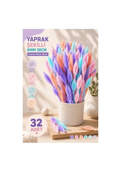 Pastel Renkli Yaprak Şekilli Şönil 30 Cm 6mm 32 Adet Karışık Pastel Renkler Tüylü Peluş Elişi Hobi Okul Öncesi Kreş