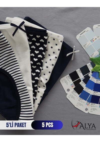 Alya Underwear Kız Çocuk Kalpli Dokuma Lastik Pamuklu Kumaş Slip Külot 5'li Paket 5 Adet Beyaz Lacivert P21