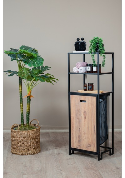 Kirli Sepetli Banyo Dolabı 3 Raflı Metal Düzenleyici Modern Çamaşır Sepetli Organizer Raf Siyah