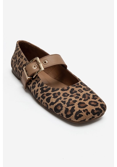 Luvi Shoes Jonas Siyah Sarı Desenli Hakiki Deri Kemerli Kadın Babet Ayakkabı Leopar