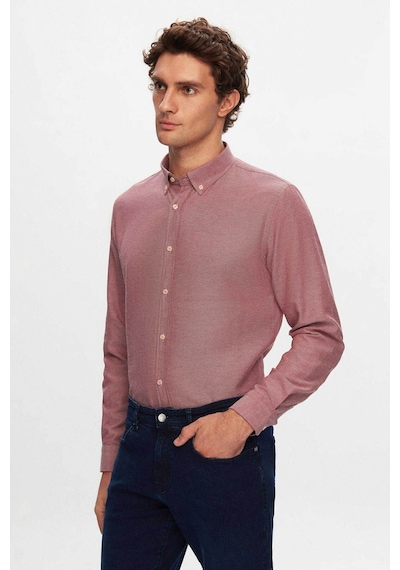 D'S Damat Ds Damat Slim Fit Bordo Armürlü Düğmeli Yaka Pamuklu Gömlek 5HC02ORT07265 Bordo