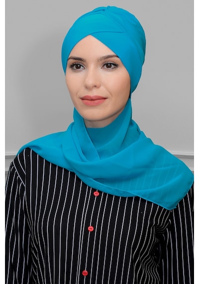 Hürrem Bone İndigo M. Pratik Hazır Geçmeli Tesettür Bone Sandy Kumaş Çapraz Büzgülü Şifon Atkılı 1801a 34 İndigo