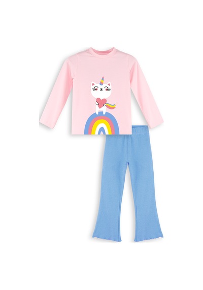 Kız Çocuk Kışlık Kedi Desenli Pamuklu Pembe Uzun Kollu Geniş Paça T-Shirt Pantolon Takımı 2-7 Yaş