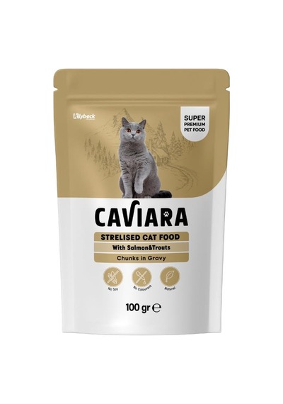 Caviara Pouch Sos İçinde Et Parçacıklı Somon Ve Alabalıklı Kısırlaştırılmış Yetişkin Kedi Konservesi 100 Gr