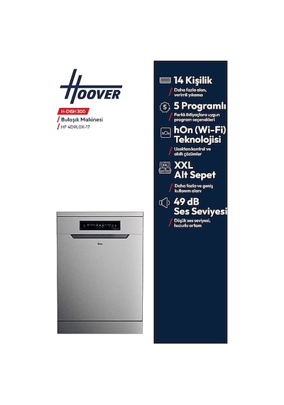 Hoover HF 4D9L0X-17 14 Kişilik 5 Programlı Wi-fi Bağlantılı Bulaşık Makinesi Inox