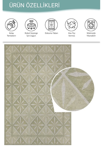 Nora Yeşil Geometrik Desenli Dokuma Tabanlı Modern Şönil Halı Al 499 Yeşil