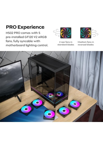 Hs02 Pro, Atx Mid-tower Pc Kasası, Oyun Bilgisayarı, Yüksek Hava Akışı, Ters Çevrilebilir Düzen, Sağlam Kavisli Temperli Cam Ön Panel, 5x Argb Pwm Fan Önceden Yüklenmiş, Gömme Tasarım, Aletsiz