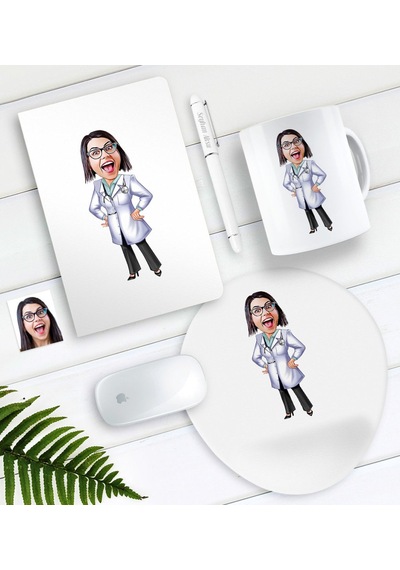 Kişiye Özel Bayan Doktor Karikatürlü Defter Kalem Kupa Mouse Pad