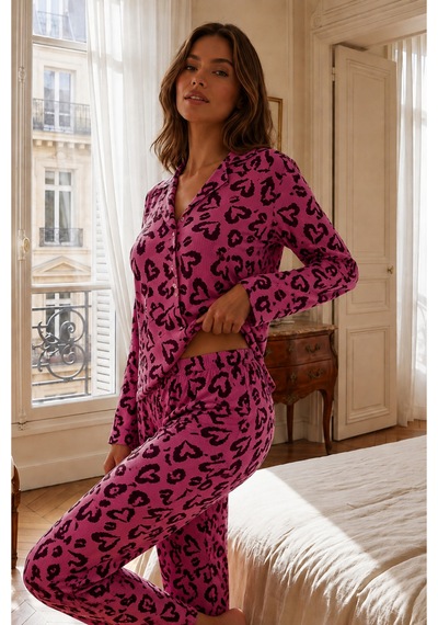 Kadın Relax Fit Düğme Lila Pijama Takımı