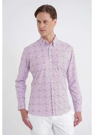 Slim Fit Pamuklu Baskılı Desen Yaka Düğmeli Bordo Gömlek G 1603