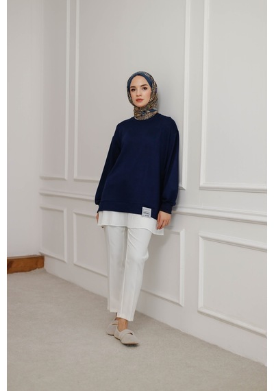 Moonsc Kadın Regular Fit %100 Pamuk Eteği Piliseli Bisiklet Yaka Tesettür Lacivert Tunik