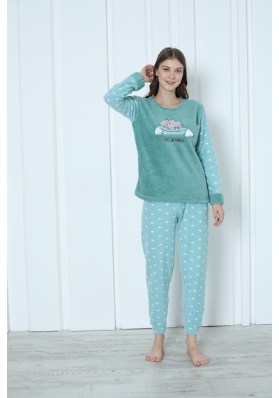 Wordex Fawn 5006 Peluş Welsoft Polar Kışlık Yumoş Kadın Pijama Takımı Uyuyan Kedili Yeşil