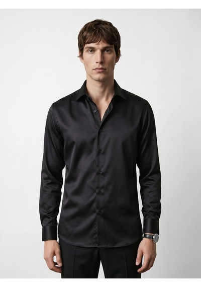 Baselco Elegance Pamuk Saten Slim Fit Gömlek Siyah