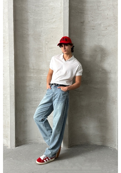 Erkek Oversize Pamuklu Polo Yaka Triko T-shirt Beyaz