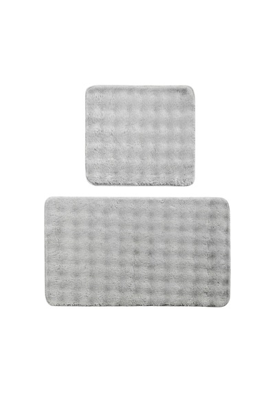 2 Li Peluş Bubble Banyo Paspas Seti 60x100+50x60 Cm Kaymaz Lateks Taban, Yumuşak Yüzey, Yıkanabilir Gri