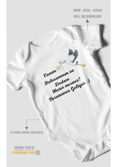 Canım Babannem Ve Dedem Hazır Mısınız Baskılı Bebek Zıbını Çıtçıtlı Body %100 Pamuk Kısa Kol Beyaz