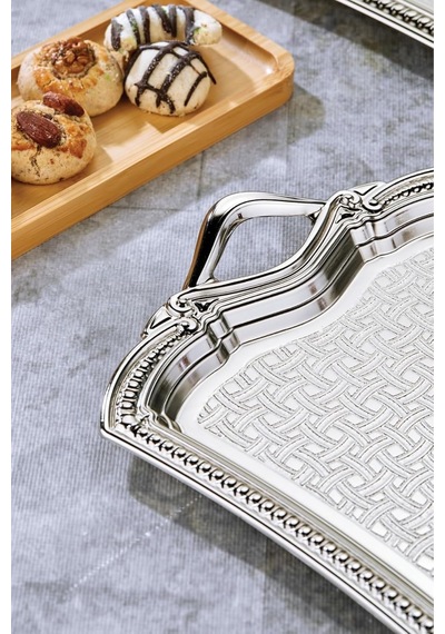 Tr Evenia Metal Dikdörtgen Gümüş Sunum Tepsisi, 2'li Set, 49x30 Cm Ve 37x23 Cm Genel