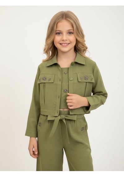 Zekids Kız Çocuk Taş İşlemeli Tasarım Ceket-17154 Yeşil