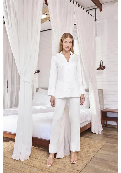 Aria's Closet Arias Closet Uzun Kollu Önü Düğmeli Gömlek Yaka Pijama Takımı Beyaz
