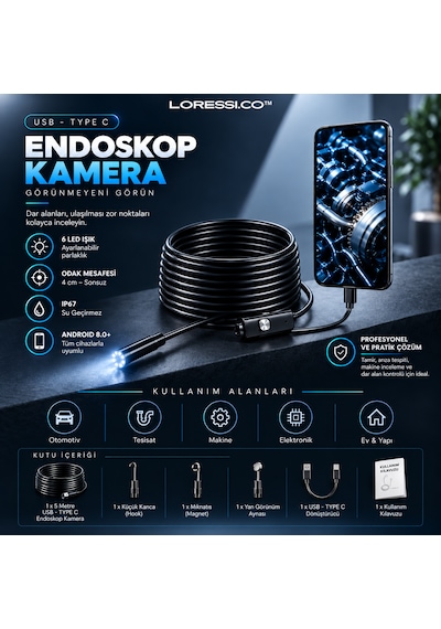 5 Metre Scope Pro Endoskop Yılan Kamera Ip67 Su Geçirmez Boroskop / Type-c & Usb Uyumlu - Android