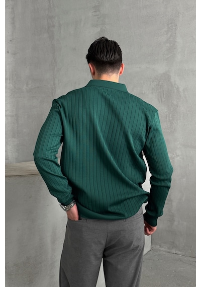 Erkek Polo Yaka Fitilli Oversize Triko Kazak Yeşil