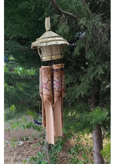 Otantik Hasır Kuş Yuvalı El Yapımı Doğal Bambu Çiçek Desenli Rüzgar Çanı Balkon Dekoru Ev Hediyesi