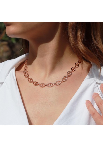 Trend Düğme Modeli Zirkon Taşlı Rose Gold Kaplama Gümüş Kolye Gümüş