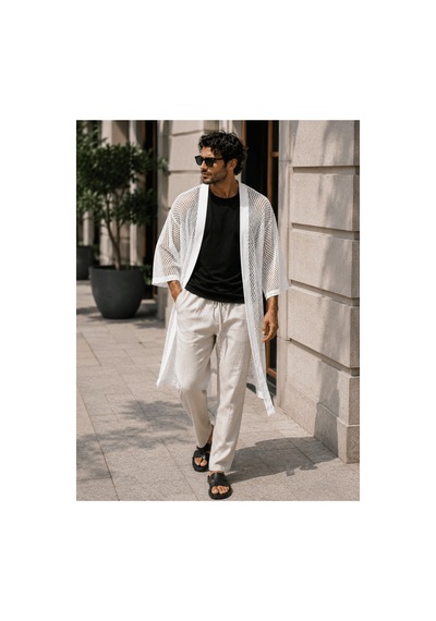 Qmen Style Erkek Plaj Bornozu Beyaz File Kumaş. Siyah