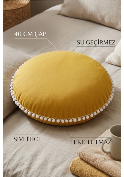 Yuvarlak Minder 40 Cm Ponponlu Su Geçirmez Leke Tutmaz Sıvı İtici Ev Bahçe Piknik Oturma Minderi Çok Renkli