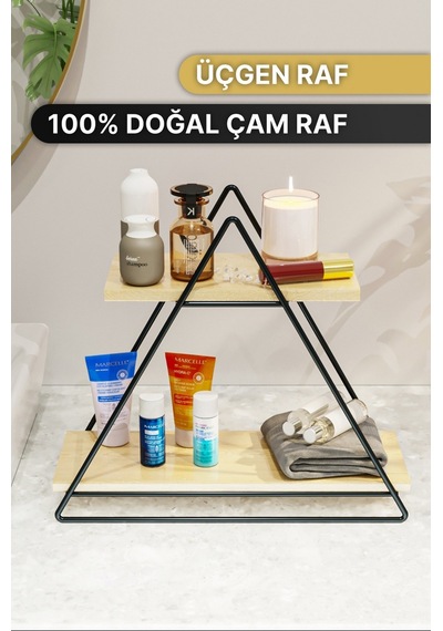 Bino Doğal Ahşap Duvar Üçgen Masa Servis Banyo Dekoratif Raf Organizer